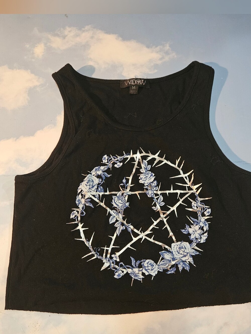WIDOW Black Ribbed Crop Tank with Blue Rose Pentagram